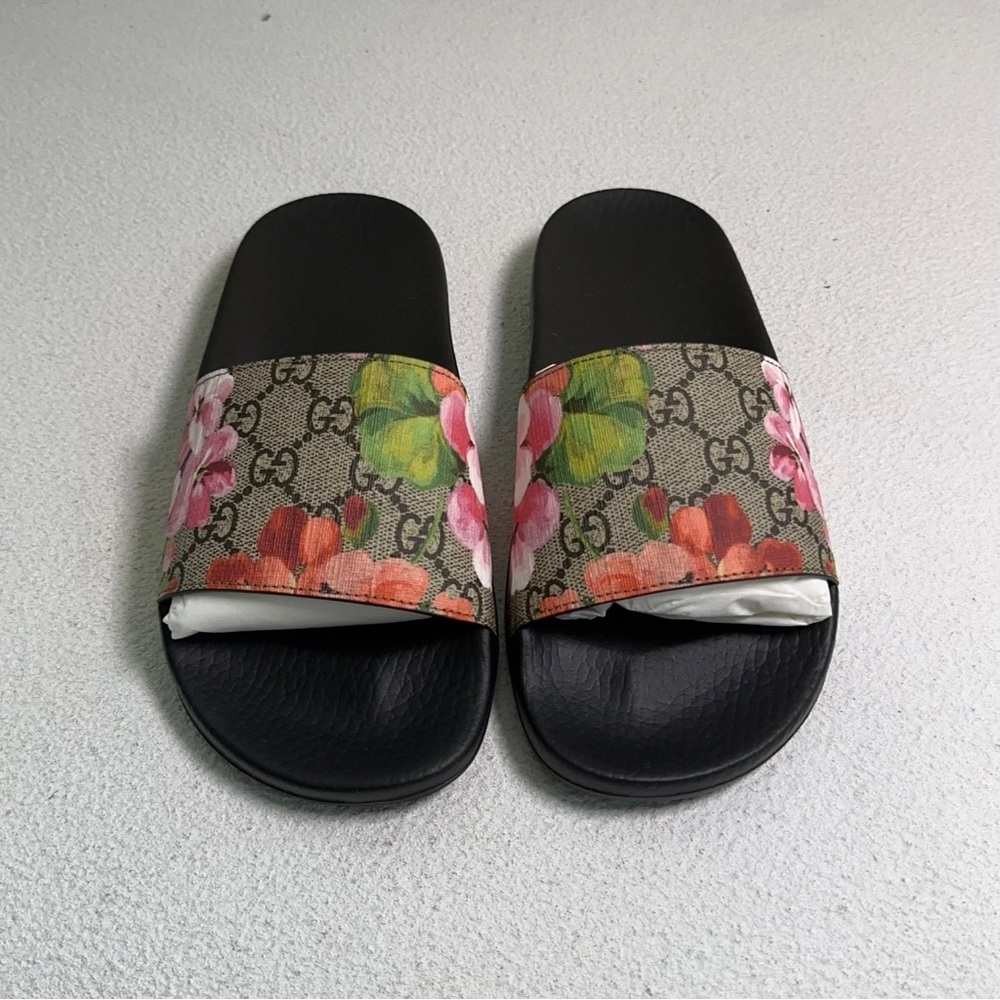 Gucci Black and Pink Sandals with Vibrant Floral Design